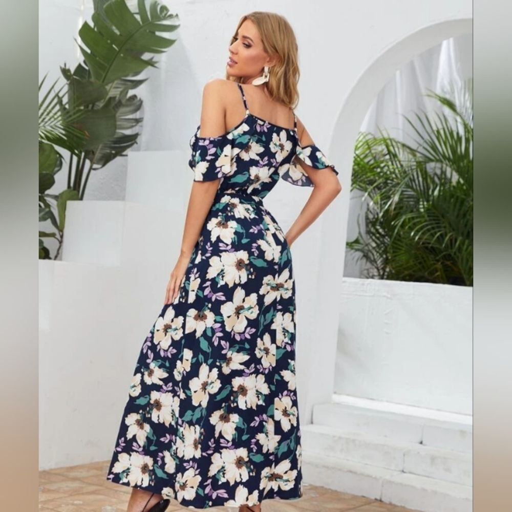 Shein's Floral Sundress Maxi Off Shoulder Spaghetti Straps Blue-multi 2XL